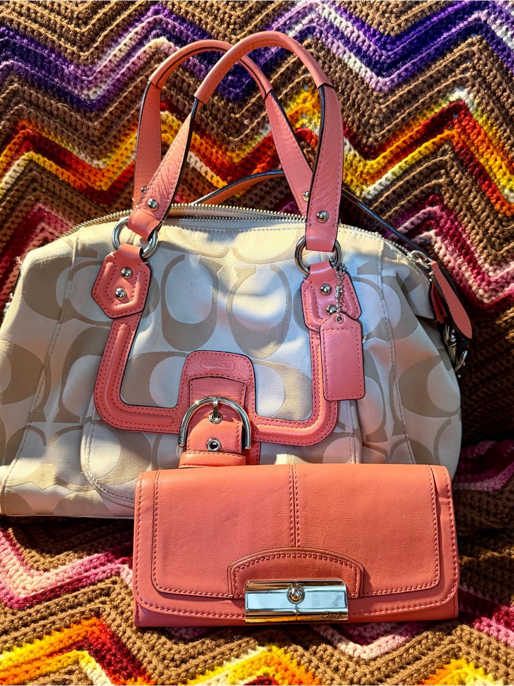 Coach Coral Pink Signature Satchel with Matching Wallet